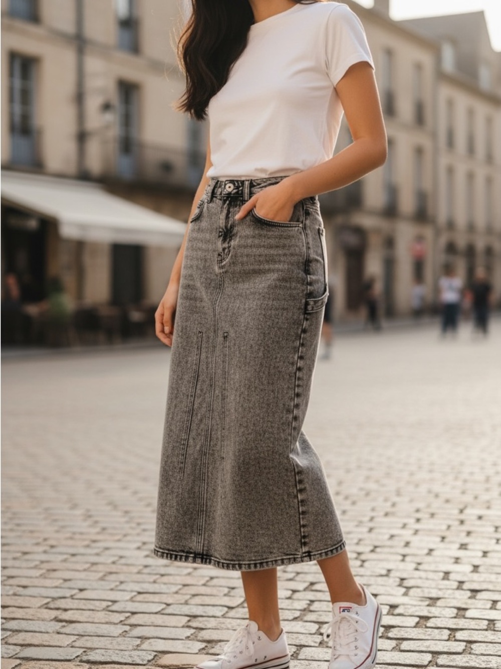 Wasted High-Waist Grey Denim Midi Skirt Back Slit - Casual Chic Size XS NWT